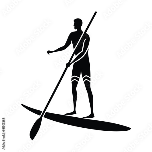 a  Paddle board beach man stand up on paddle board, vector silhouette, isolated white background