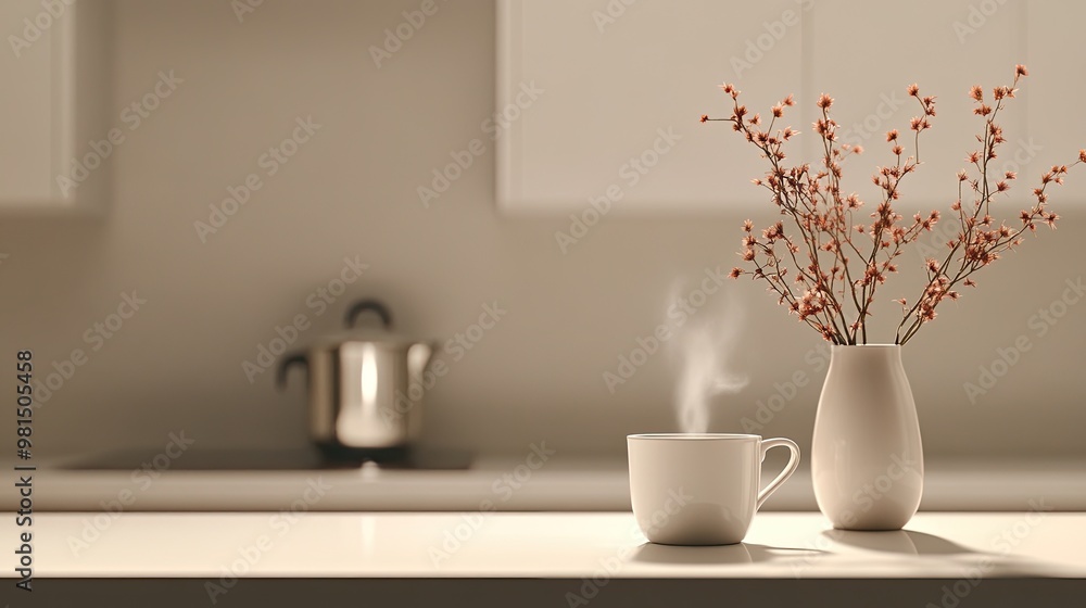 A steaming cup of coffee sits on a white countertop in a soft-lit kitchen, accompanied by a vase of dried flowers and a distant pot of hot tea, creating a cozy ambiance A steaming cup of coffee sits on a white countertop in a soft-lit kitchen, accompanied by a vase of dried flowers and a distant pot of hot tea, creating a cozy ambiance