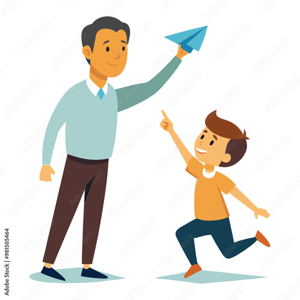 a father playing paper airplane with his son, vector illustration, isolated white background a father playing paper airplane with his son, vector illustration, isolated white background