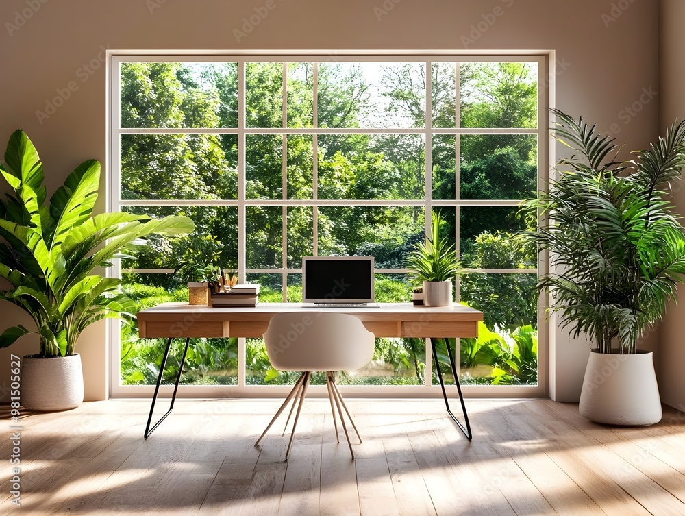 Fototapeta premium Minimalist Scandinavian Style Home Office Overlooking Lush Garden in Natural Light