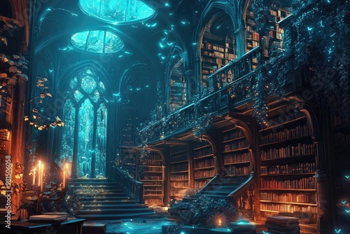 Magical library with glowing books 