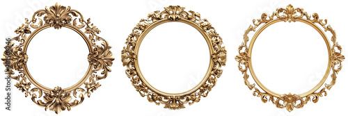 Set of a vintage gold frame ornament with intricate floral patterns isolated on transparent background