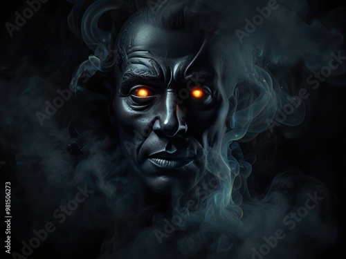 Mysterious Figure with Glowing Eyes Emerging from Smoky Darkness, AI-Created