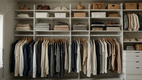 Organized minimalist closet with clean white shelves and neatly arranged clothes.