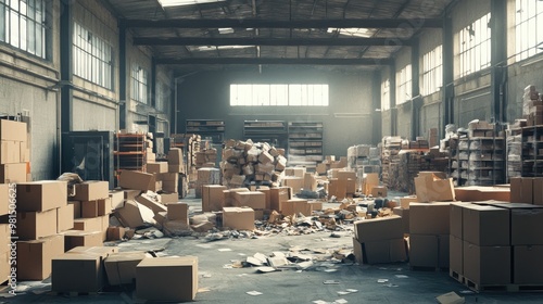 A disarrayed warehouse with boxes haphazardly piled and strewn across the floor, emphasizing the impact of poor organization on warehouse efficiency. photo