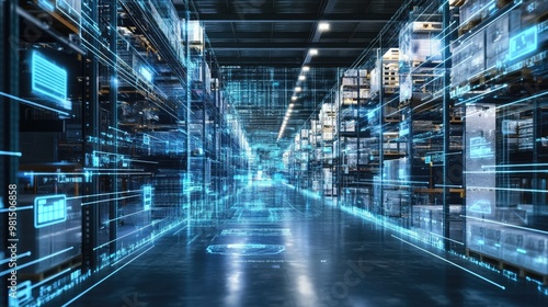 Wallpaper Mural A futuristic warehouse filled with automated robots and digital interfaces on transparent screens, symbolizing advanced technology and efficient logistics in action. Torontodigital.ca