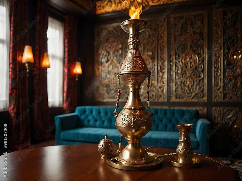Ornate hookah setup in a luxurious lounge, symbolizing exotic relaxation. Ornate hookah setup in a luxurious lounge, symbolizing exotic relaxation.