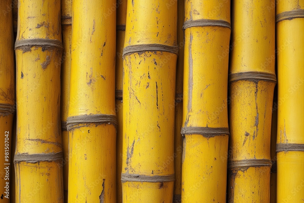 Close-up of yellow bamboo stalks, arranged in a row, revealing natural texture and patterns. Close-up of yellow bamboo stalks, arranged in a row, revealing natural texture and patterns.