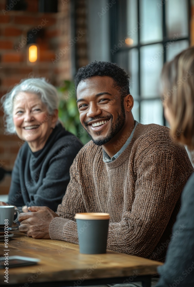 Smiling African American man enjoying coffee at a cozy cafe with friends, showcasing moments of happiness and companionship in a warm and inviting setting Smiling African American man enjoying coffee at a cozy cafe with friends, showcasing moments of happiness and companionship in a warm and inviting setting