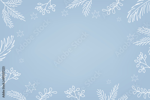 Festive winter blue background with a frame with white branches and berries painted by hand