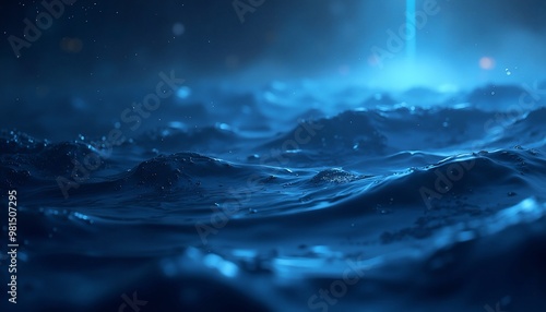 Shimmering ocean surface with glowing light and cosmic stars with copy space