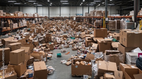 A messy warehouse environment with boxes and packages scattered throughout, showcasing the challenges of keeping a large storage area orderly and efficient.