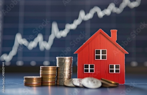 Red home model next to a stack of coins in front of a financial chart going upward representing the increased prices in house market. Banner for real estate related posts.  photo