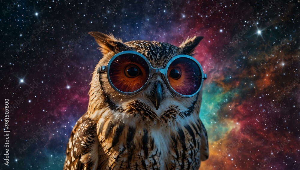 Owl in sunglasses with a colorful, starry sky. Owl in sunglasses with a colorful, starry sky.