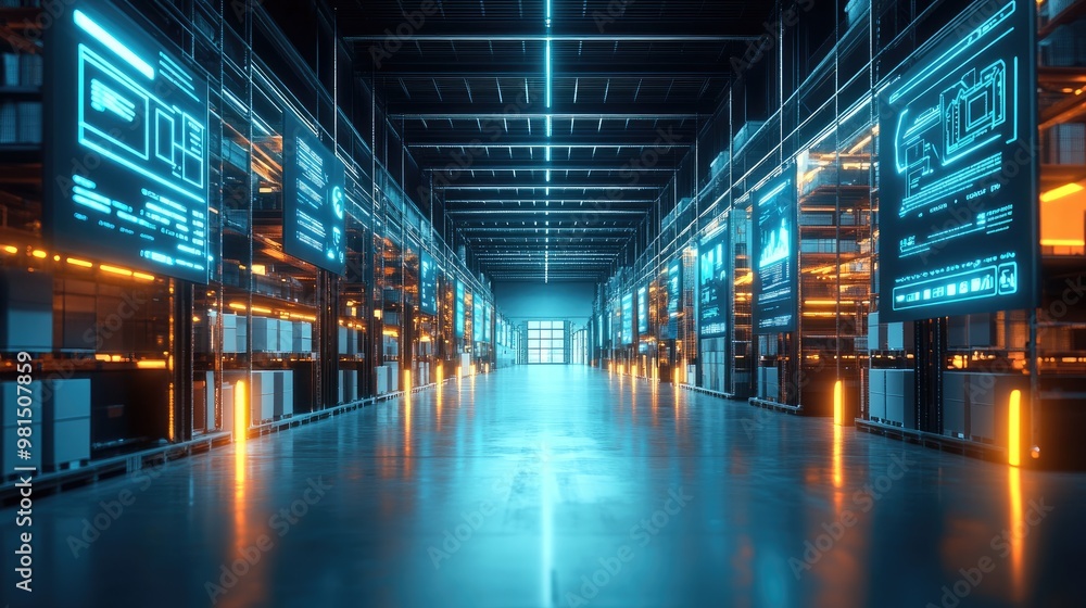 A sleek, futuristic warehouse featuring digital dashboards and automated sorting systems, highlighting the integration of technology and efficiency in modern logistics. A sleek, futuristic warehouse featuring digital dashboards and automated sorting systems, highlighting the integration of technology and efficiency in modern logistics.
