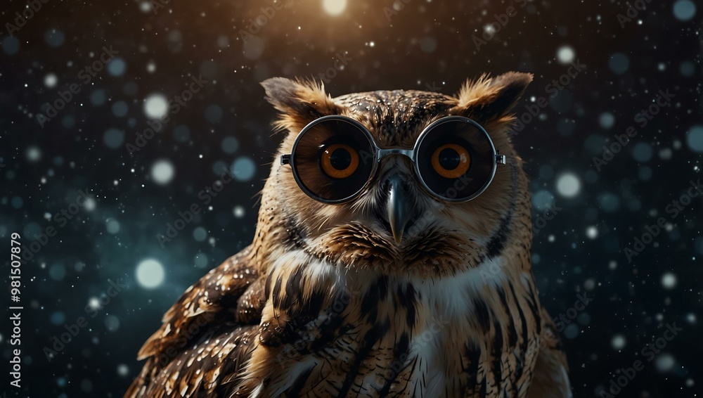 Owl with round sunglasses, staring out with a dark, starry backdrop. Owl with round sunglasses, staring out with a dark, starry backdrop.