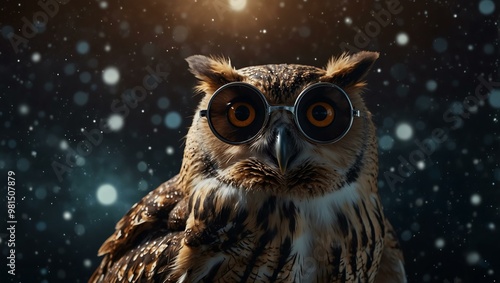 Owl with round sunglasses, staring out with a dark, starry backdrop.