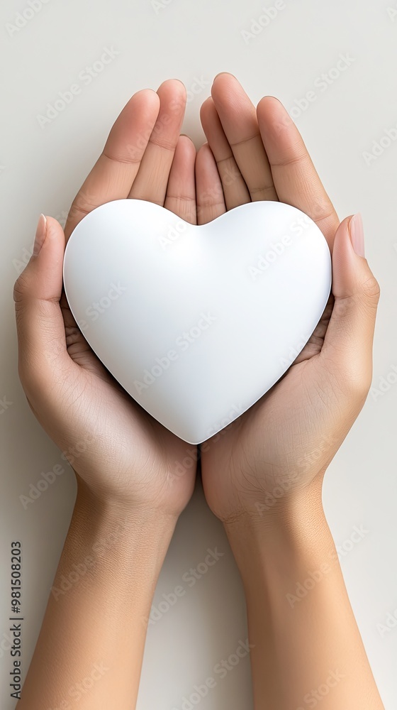 Obraz premium Delicate hands grasp a blank heart-shaped paper cutout, set against a soft studio environment with blurred green foliage creating a tranquil ambiance