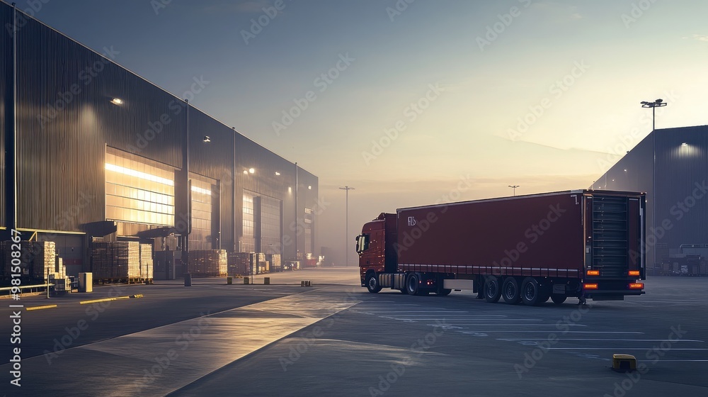 A truck at rest in front of a large logistics warehouse, ready for cargo handling, with the loading docks and distribution infrastructure clearly in view. -