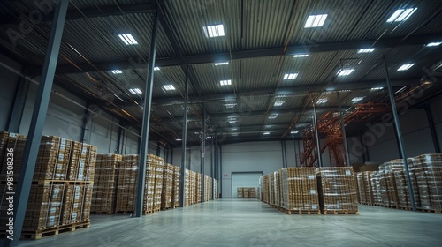 Wallpaper Mural A spacious, high-ceiling warehouse with bright lighting, stacks of wooden pallets, and industrial storage racks, ready for product management and distribution. Torontodigital.ca