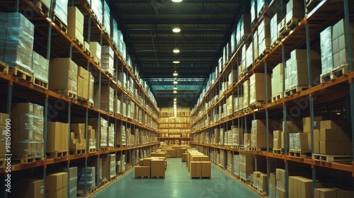 Wallpaper Mural A wide-angle view of a spacious warehouse with high ceilings and organized rows of shelves filled with boxes, emphasizing efficient storage and industrial capacity. Torontodigital.ca