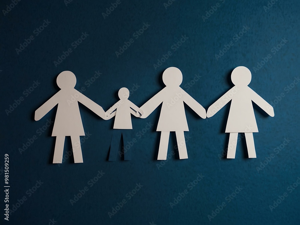 Paper people holding hands on a blue background. Paper people holding hands on a blue background.