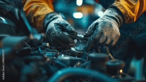 Close-up of gloved hands working on a car engine.