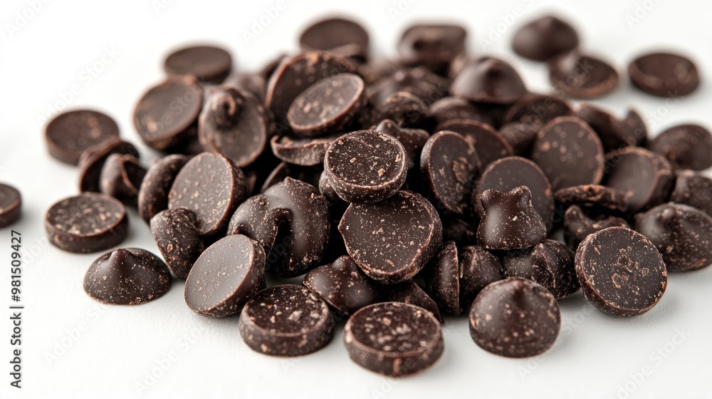 Naklejka premium Close-up of a pile of dark chocolate chips on a white background.