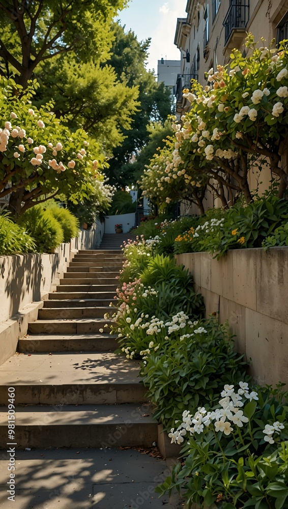 Park alleys with stairs, greenery, and flowering trees. Park alleys with stairs, greenery, and flowering trees.