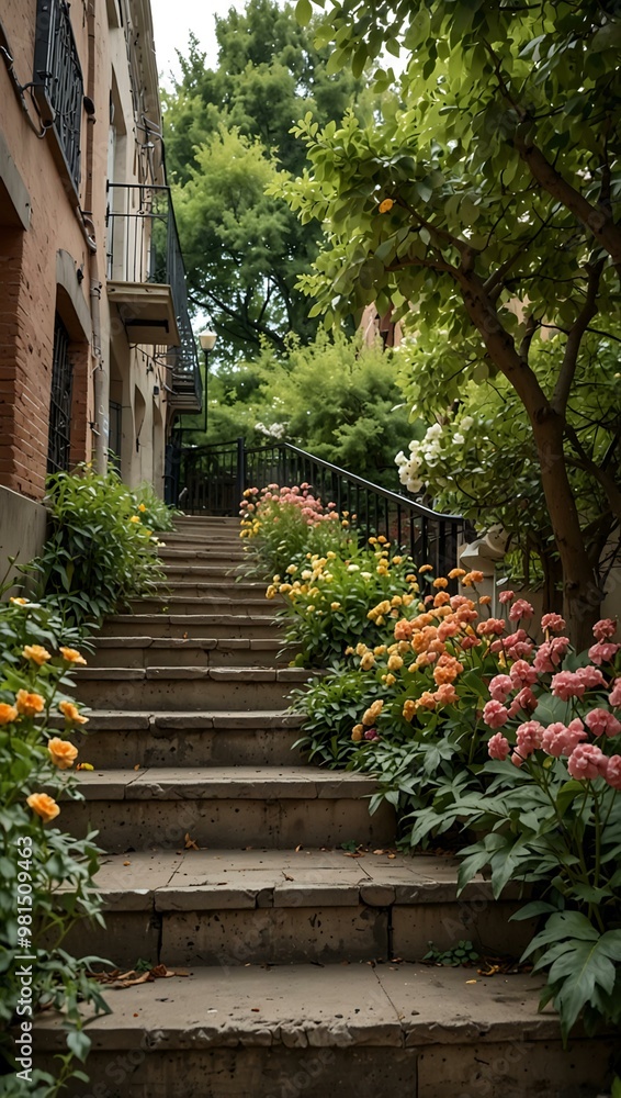 Park alleys with stairs, greenery, and flowering trees. Park alleys with stairs, greenery, and flowering trees.