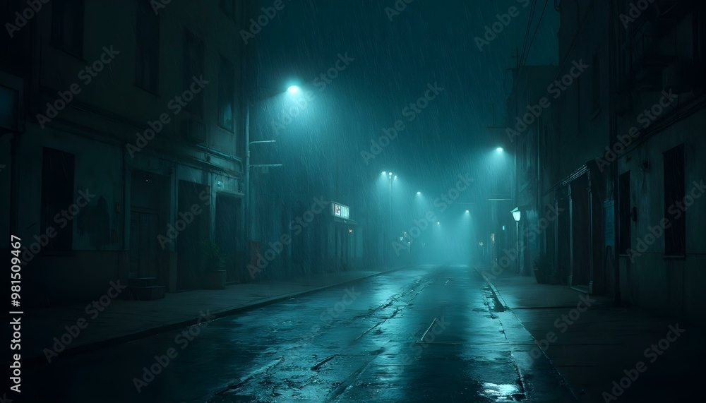 A deserted city street illuminated by cold bluish streetlights, with shadows creeping along the pavement and a sense of stillness enveloping the urban landscape A deserted city street illuminated by cold bluish streetlights, with shadows creeping along the pavement and a sense of stillness enveloping the urban landscape