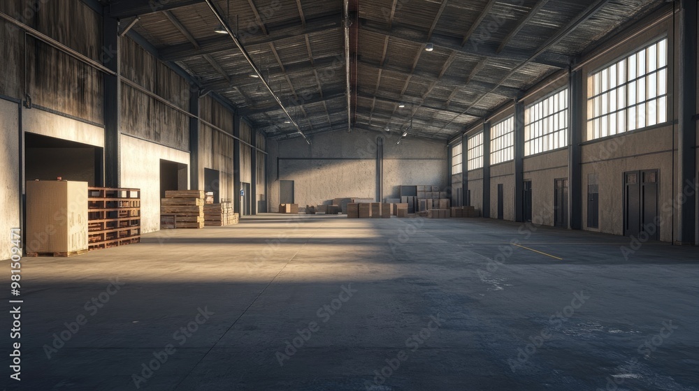 Alert: Ensure that the warehouse interior is free from any items or markings that could imply usage. The image should clearly convey an unused and clean space. Alert: Ensure that the warehouse interior is free from any items or markings that could imply usage. The image should clearly convey an unused and clean space.