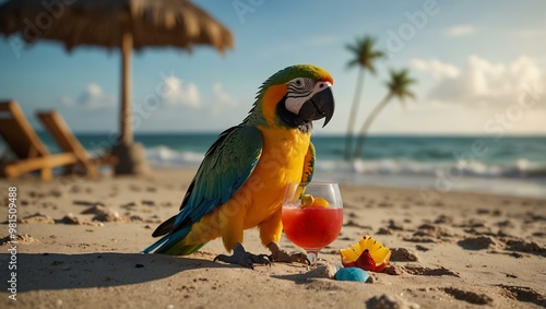 Parrot with a cocktail on the beach.