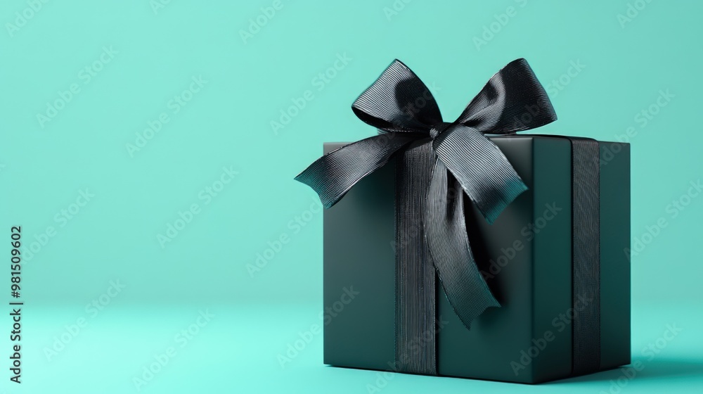 Black gift box with black ribbon bow on a teal background. Black gift box with black ribbon bow on a teal background.
