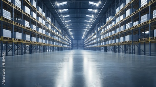 An empty, well-lit warehouse interior featuring rows of metal shelving units, clean concrete floors, and large loading bay doors, ready for shipments.