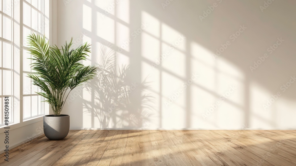 Minimalist Interior with Sunlight Streaming Through Window and Casting Shadows on a White Wall and Wooden Floor. Minimalist Interior with Sunlight Streaming Through Window and Casting Shadows on a White Wall and Wooden Floor.