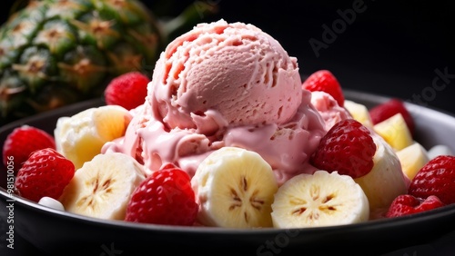 Juicy, mouthwatering and delicious dish strawberry-banana ice cream on a dark plate. Decorated with fresh strawberries and banana slices. photo