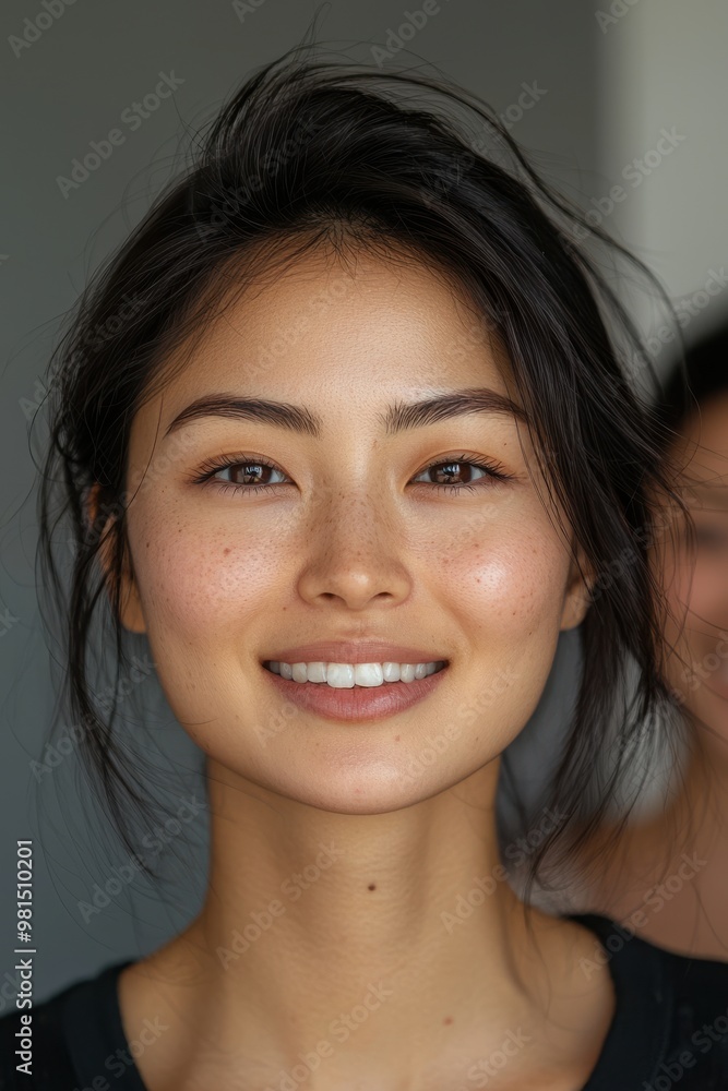 Portrait of a smiling Asian woman with dark hair and a natural, joyful expression in a casual setting Portrait of a smiling Asian woman with dark hair and a natural, joyful expression in a casual setting