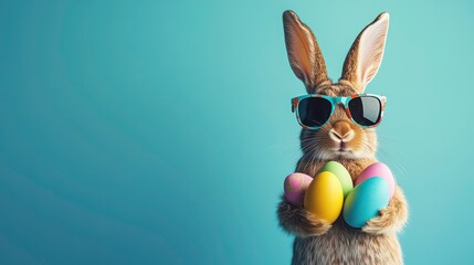 Cool bunny rabbit wearing sunglasses holds colorful easter eggs against a blue background.