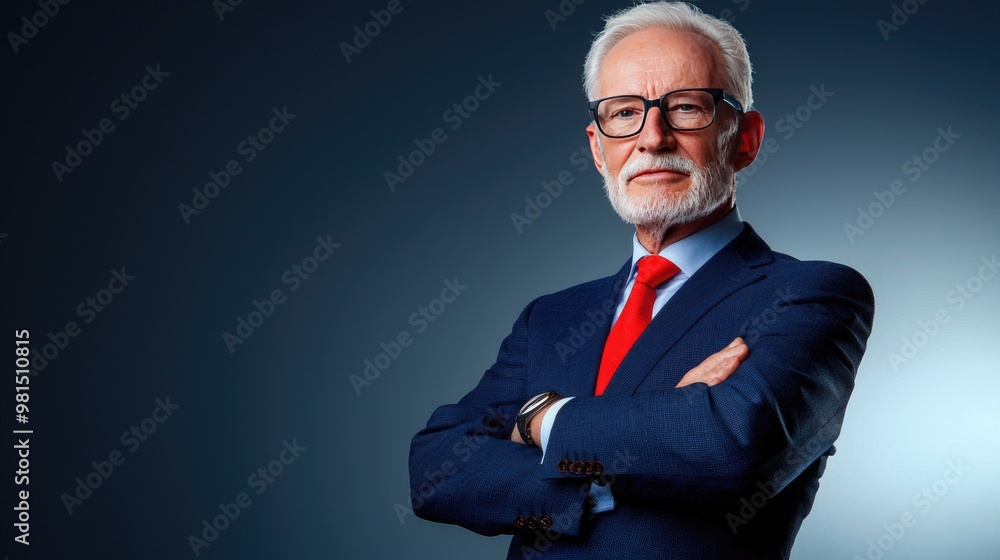 A confident older businessman stands with arms crossed, exuding professionalism and wisdom against a modern backdrop. A confident older businessman stands with arms crossed, exuding professionalism and wisdom against a modern backdrop.
