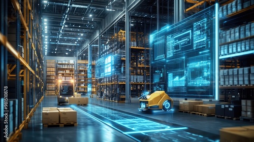 Futuristic warehouse scene with advanced digital screens and automated guided vehicles (AGVs) in action, emphasizing the role of technology and innovation in optimizing logistics.