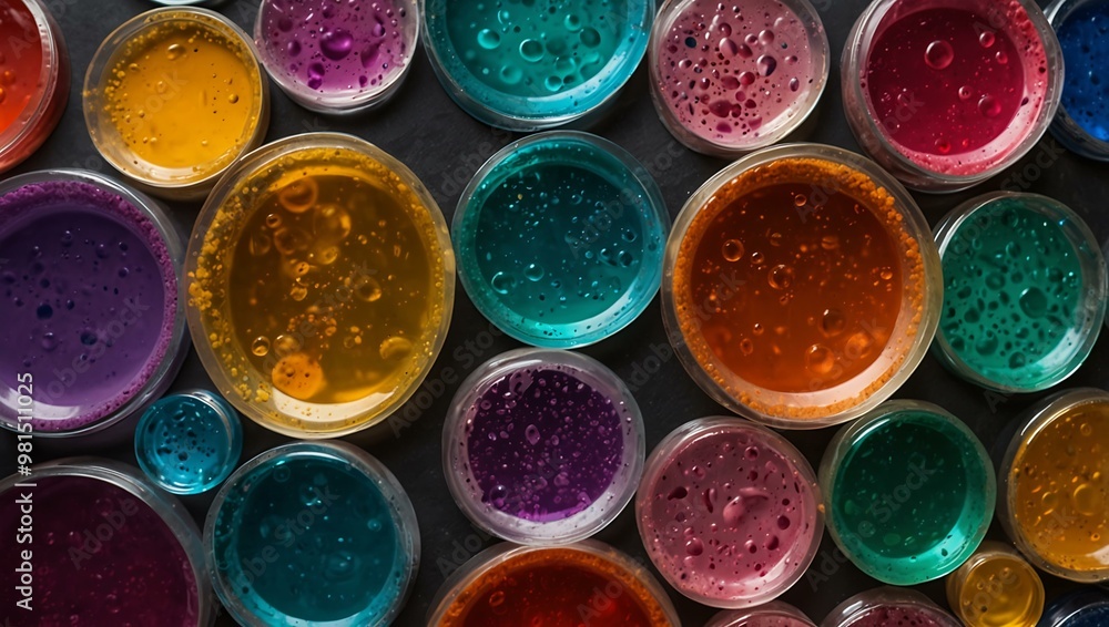 Petri dish with colored gel liquid; top view for skincare. Petri dish with colored gel liquid; top view for skincare.