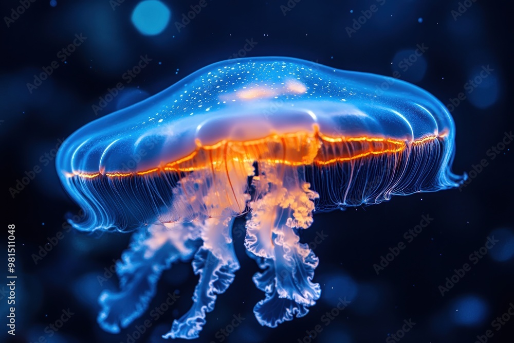 A translucent, bioluminescent jellyfish with a vibrant orange rim floats in dark blue water, illuminated by sparkling lights. A translucent, bioluminescent jellyfish with a vibrant orange rim floats in dark blue water, illuminated by sparkling lights.