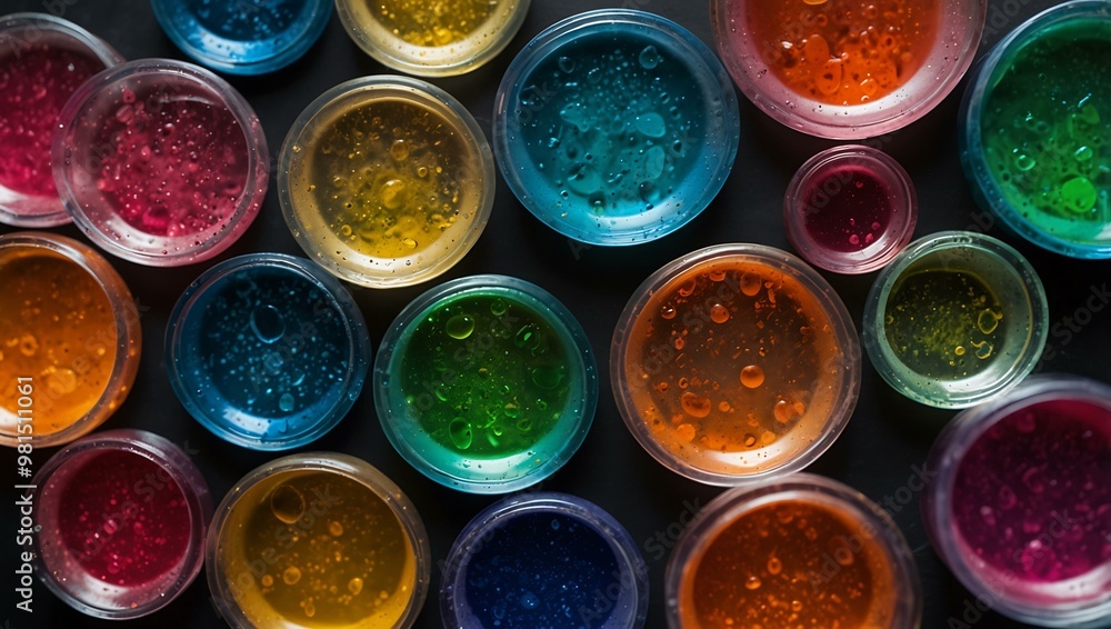 Petri dish with colored gel liquid; top view for skincare. Petri dish with colored gel liquid; top view for skincare.