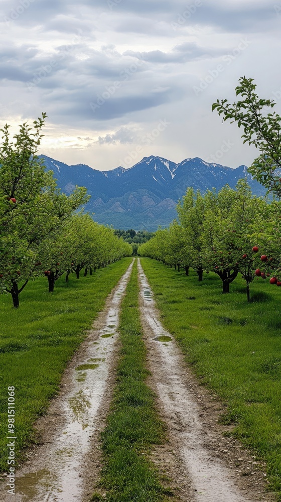 Heavy rain pours along a winding path through an apple orchard, framed by verdant grass and stunning green mountains in southern China, vibrant apples decorate the branches Heavy rain pours along a winding path through an apple orchard, framed by verdant grass and stunning green mountains in southern China, vibrant apples decorate the branches