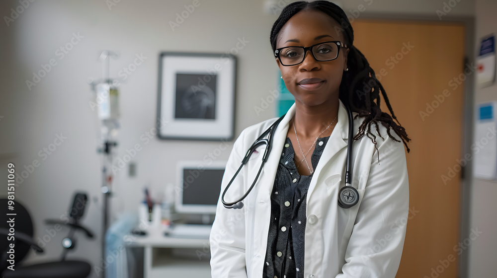 Portrait of a female African American doctor standing in her office at a clinic Portrait of a female African American doctor standing in her office at a clinic