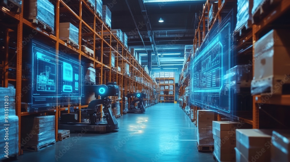Interior of a high-tech warehouse with holographic displays and robotic systems managing inventory, illustrating cutting-edge automation and innovative logistics solutions. Interior of a high-tech warehouse with holographic displays and robotic systems managing inventory, illustrating cutting-edge automation and innovative logistics solutions.