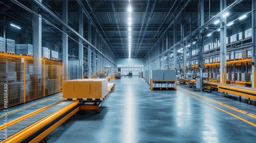 Interior of a modern warehouse with automated conveyor belts, high-tech machinery, and well-organized inventory in the background, showcasing efficiency. Interior of a modern warehouse with automated conveyor belts, high-tech machinery, and well-organized inventory in the background, showcasing efficiency.