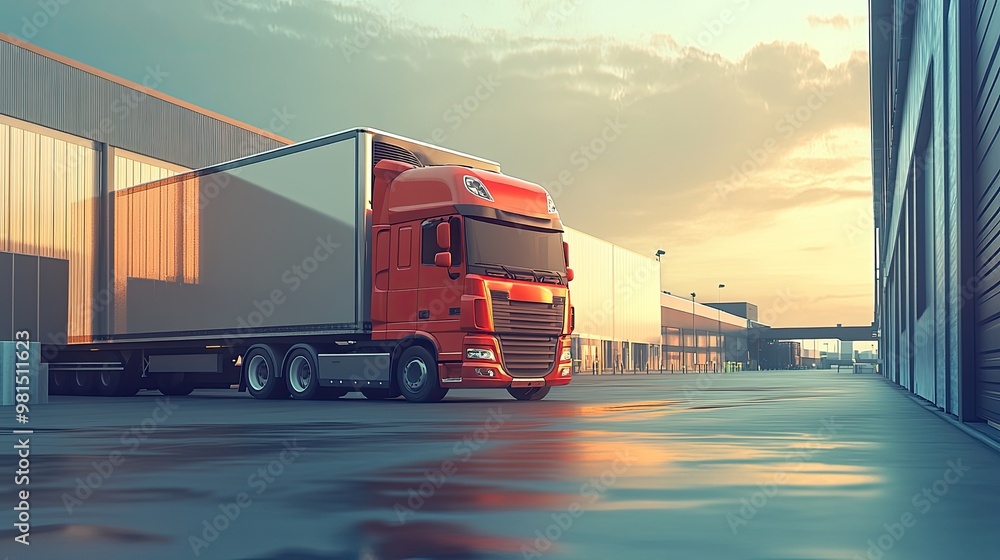 Side view of a truck parked near a busy industrial logistics building, with warehouse facilities and loading docks in the background, emphasizing the role of transportation in logistics. Side view of a truck parked near a busy industrial logistics building, with warehouse facilities and loading docks in the background, emphasizing the role of transportation in logistics.