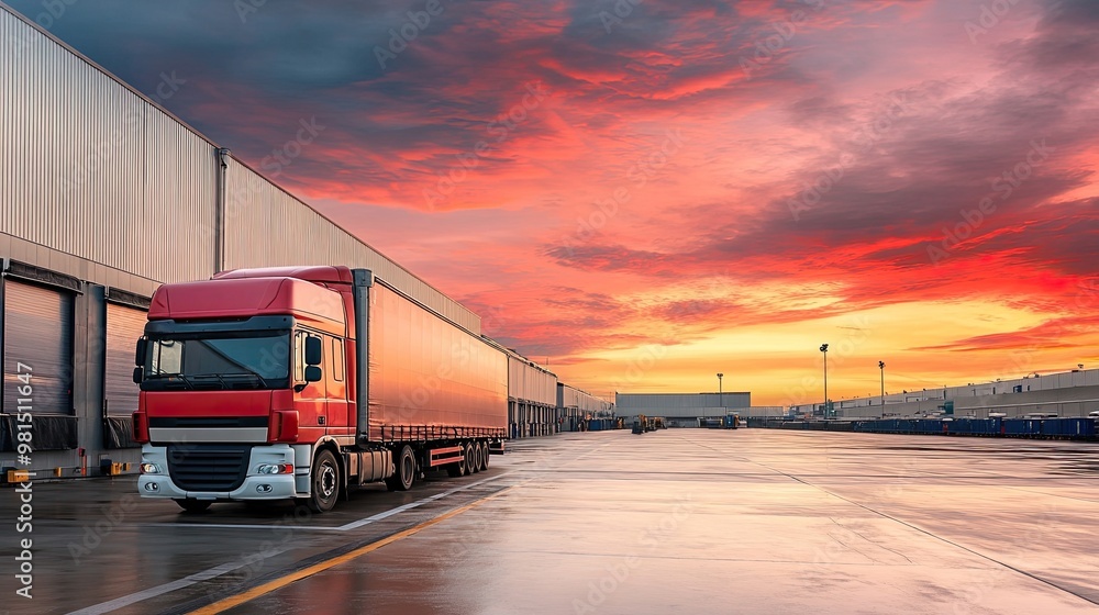 Truck parked in front of a bustling industrial logistics building, capturing the connection between transportation and warehouse operations in a large distribution network.
